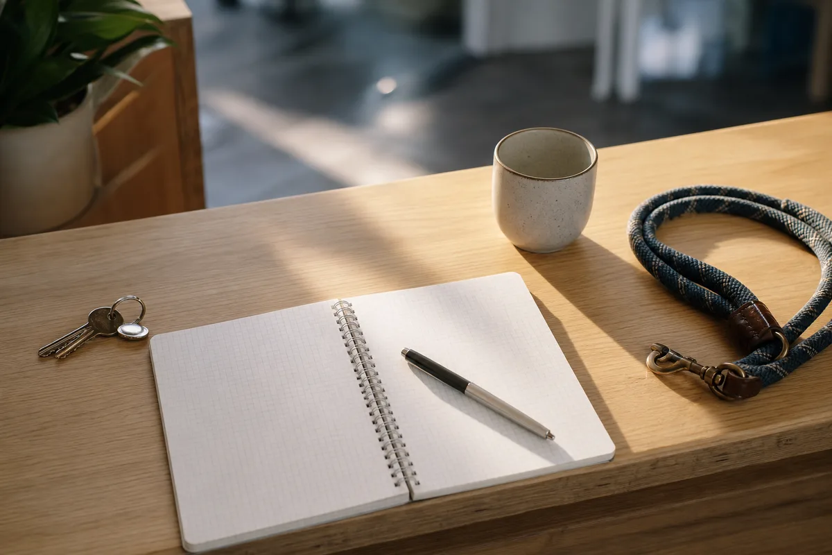 Cahier de tableau de garde ouvert sur un comptoir d’accueil vétérinaire