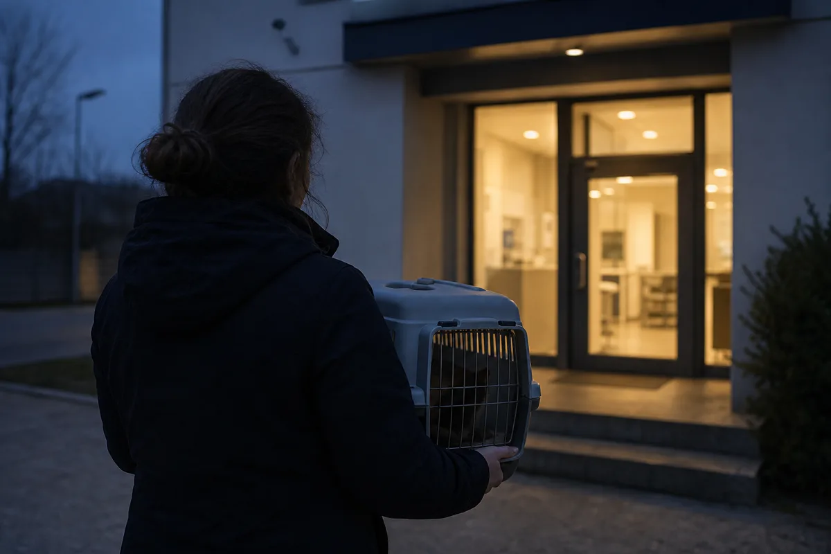 Propriétaire tenant un chat dans une caisse de transport devant une porte de clinique le soir