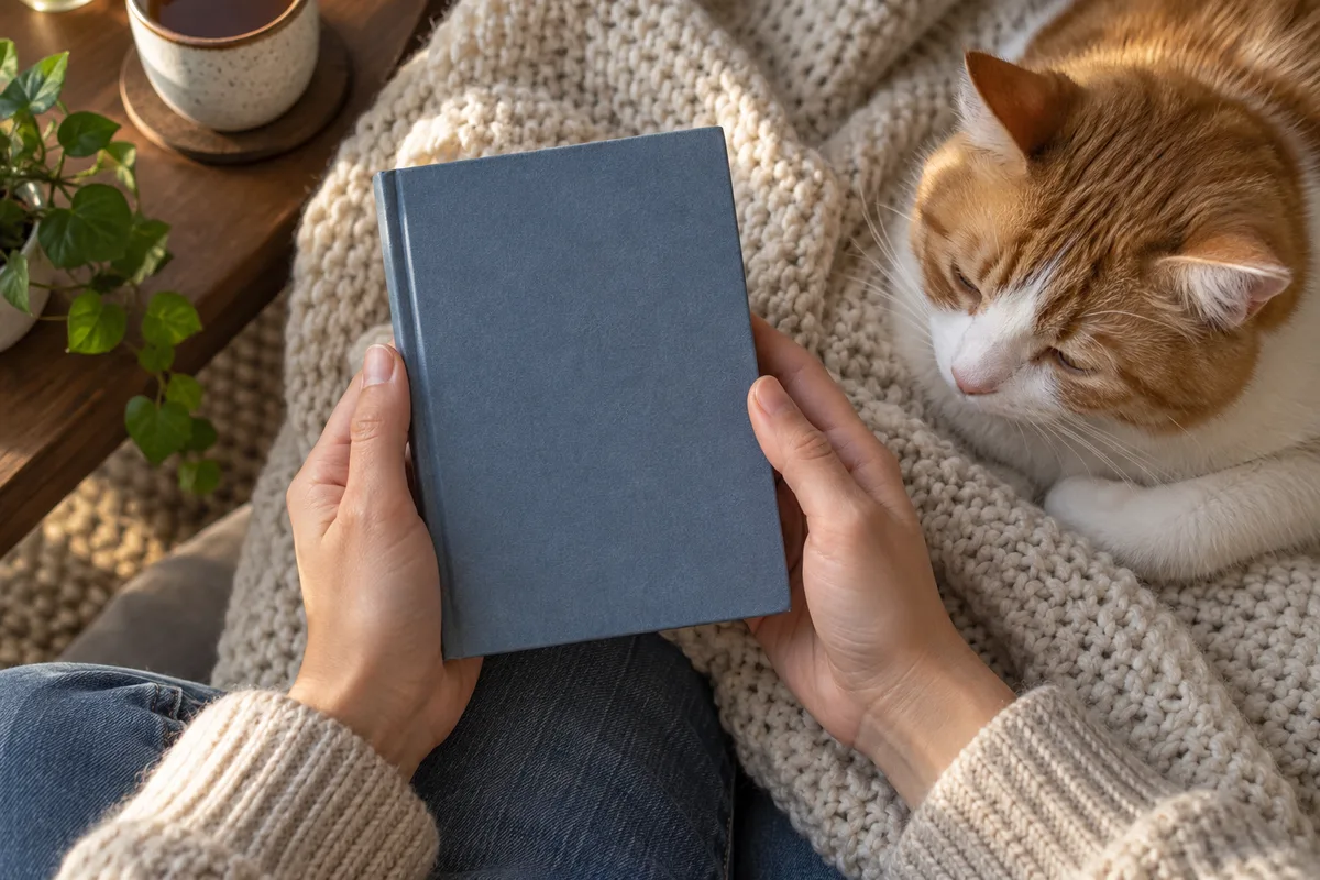 Mains tenant un carnet de santé animal fermé près d&rsquo;un chat couché