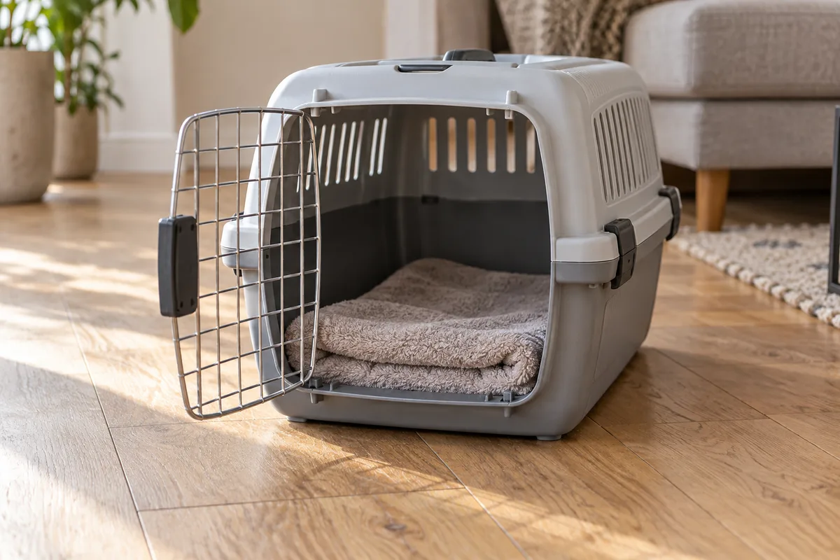 Caisse de transport pour chat ouverte posée au sol d&rsquo;un salon