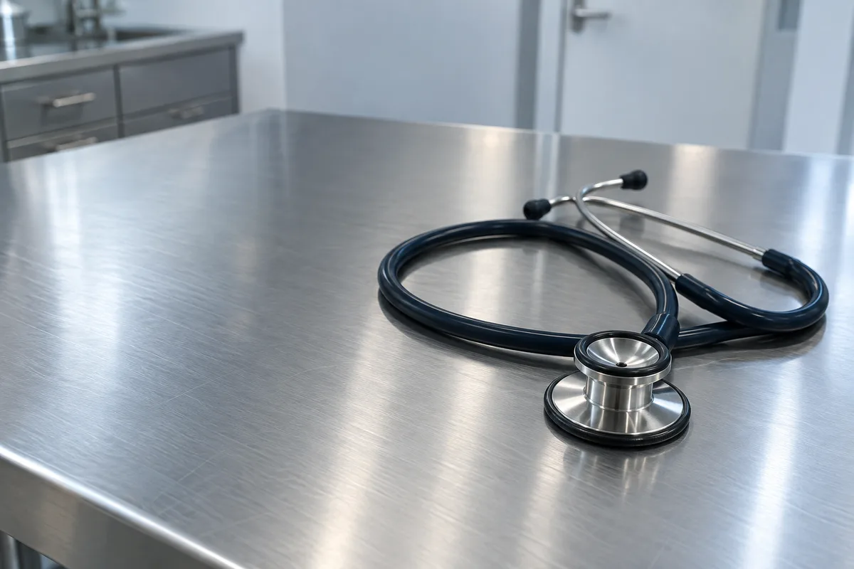 Stéthoscope posé sur une table d&rsquo;examen vide en inox